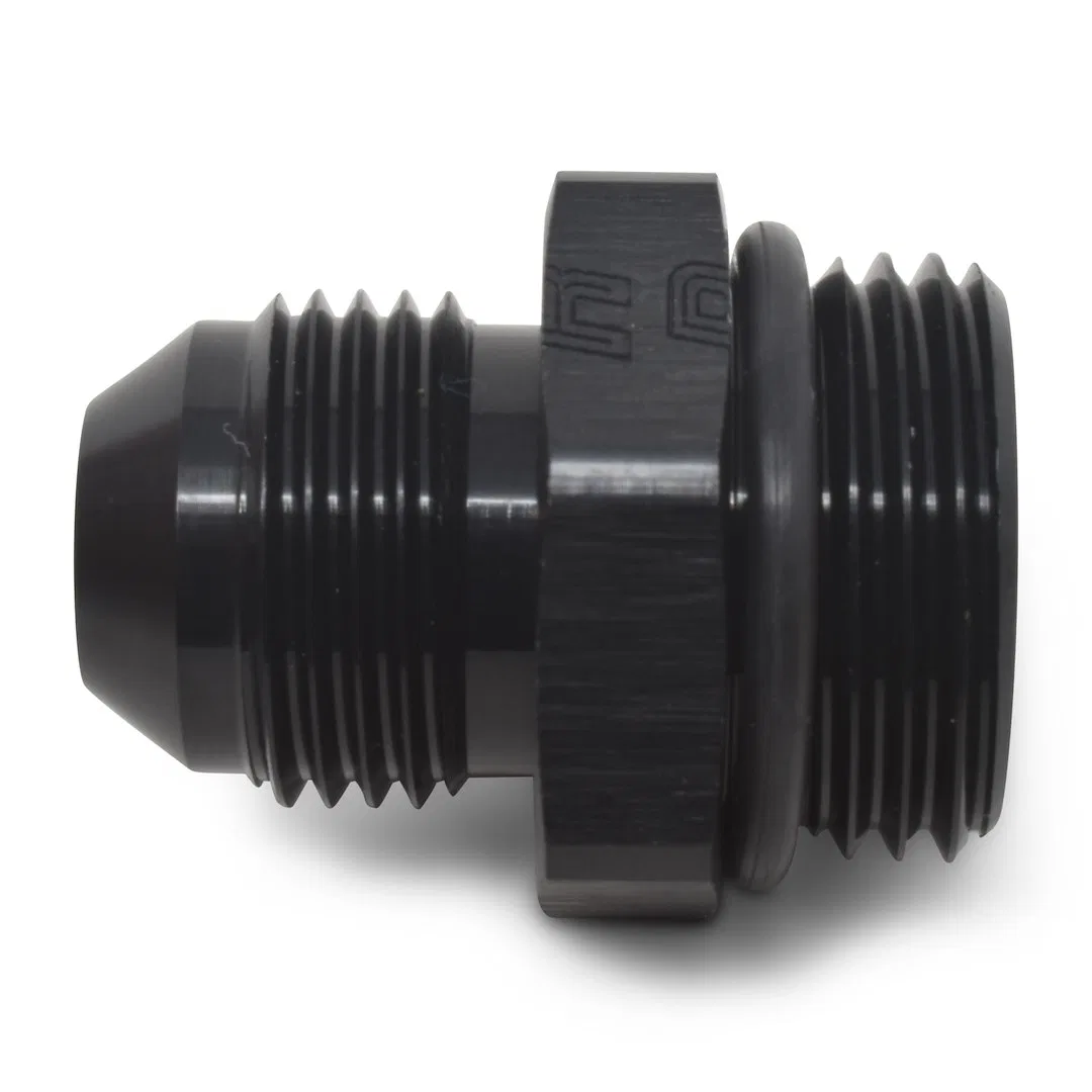 670640 – RUSSELL/EDEL Adapter Fitting, -6 AN To -8 AN Radius Port Anodized Black Aluminum Single
